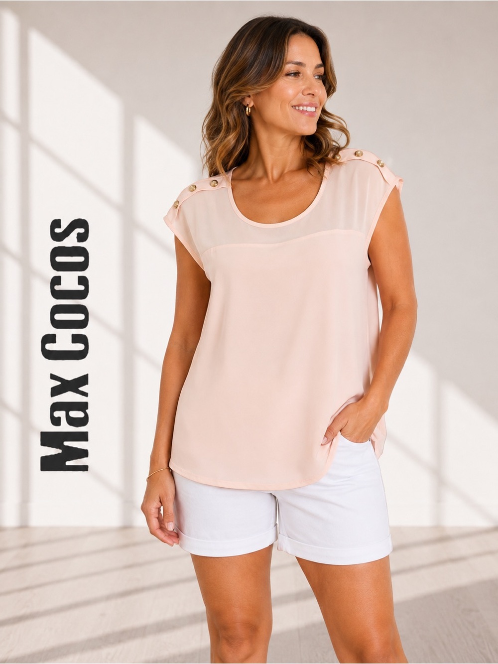 •3👚/ 25$ Max Cocos Blush Pink Sleeve Blouse Gold Button Shoulder Women’s | Mediu